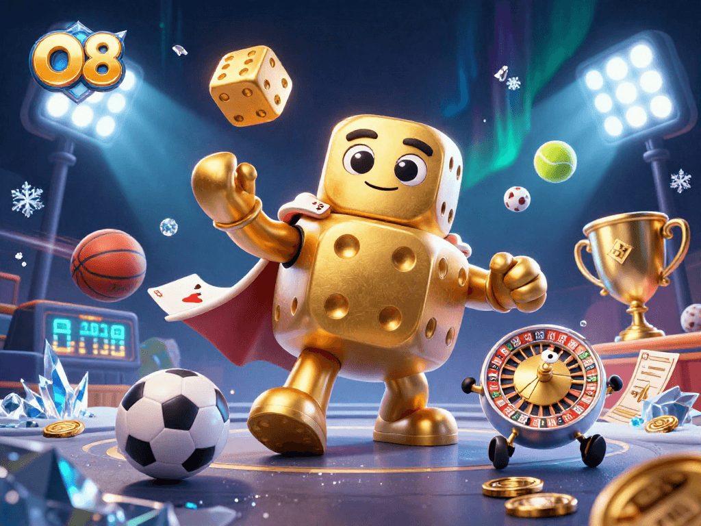 O8 showcases thrilling moments with 3D golden dice and lively gaming elements in a vibrant casino scene.