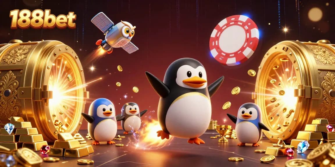 Experience the thrill of 188bet with a dynamic casino scene featuring a golden penguin and masses of treasures.