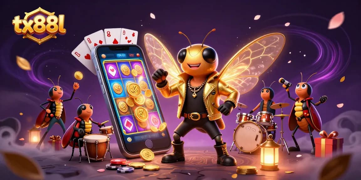 Experience the excitement at tx88l with a vibrant 3D casino scene featuring a rocking cicada star and dynamic gaming elements.