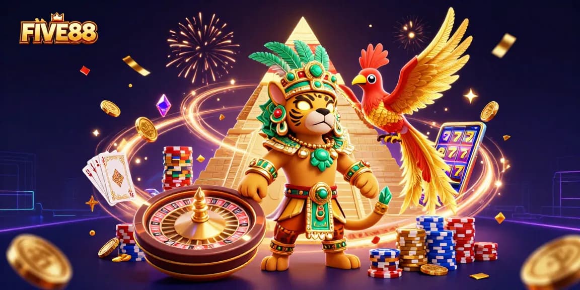 Experience the excitement of FIVE88 with a vibrant casino scene featuring a Mayan jaguar priest amidst dazzling games and treasures.