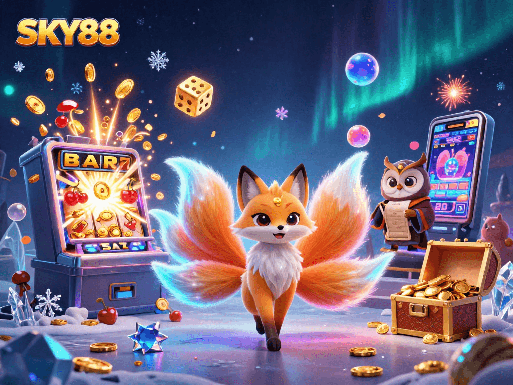 SKY88 captures intense jackpot excitement with a vibrant nine-tailed fox and wise owl amidst dazzling casino elements.