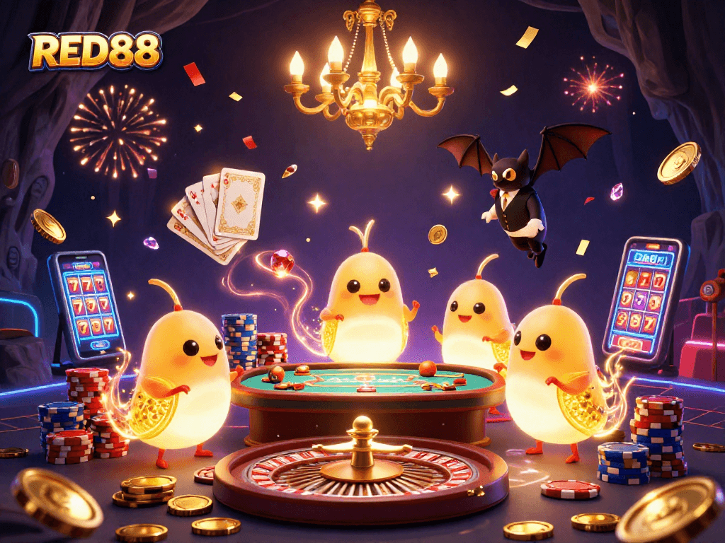 Experience the thrill of RED88 with cartoony glowworms lighting up a vibrant casino scene.