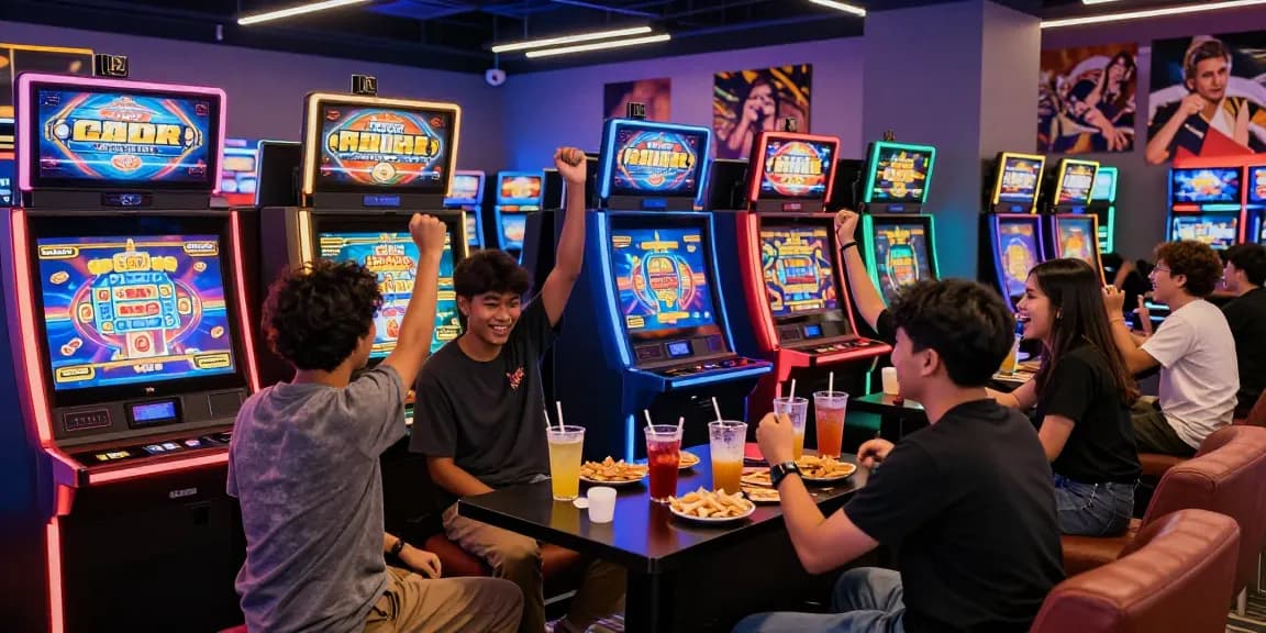 Exciting scene of friends celebrating wins at colorful slot gacor machines in a modern gaming lounge.