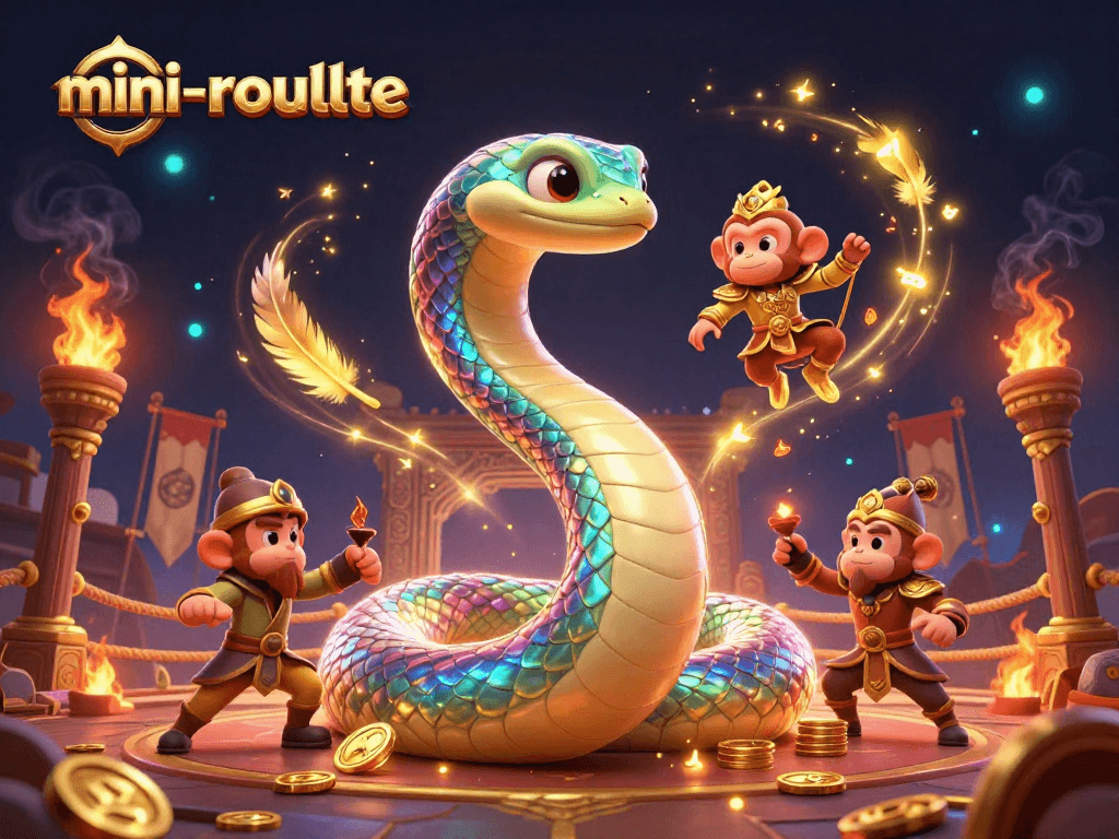 Engage with mini-roulette in a vibrant casino scene featuring a rainbow serpent and monkey king.