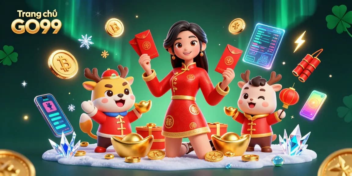 Experience thrilling gaming with Trang chủ GO99, featuring vibrant casino elements and festive characters.