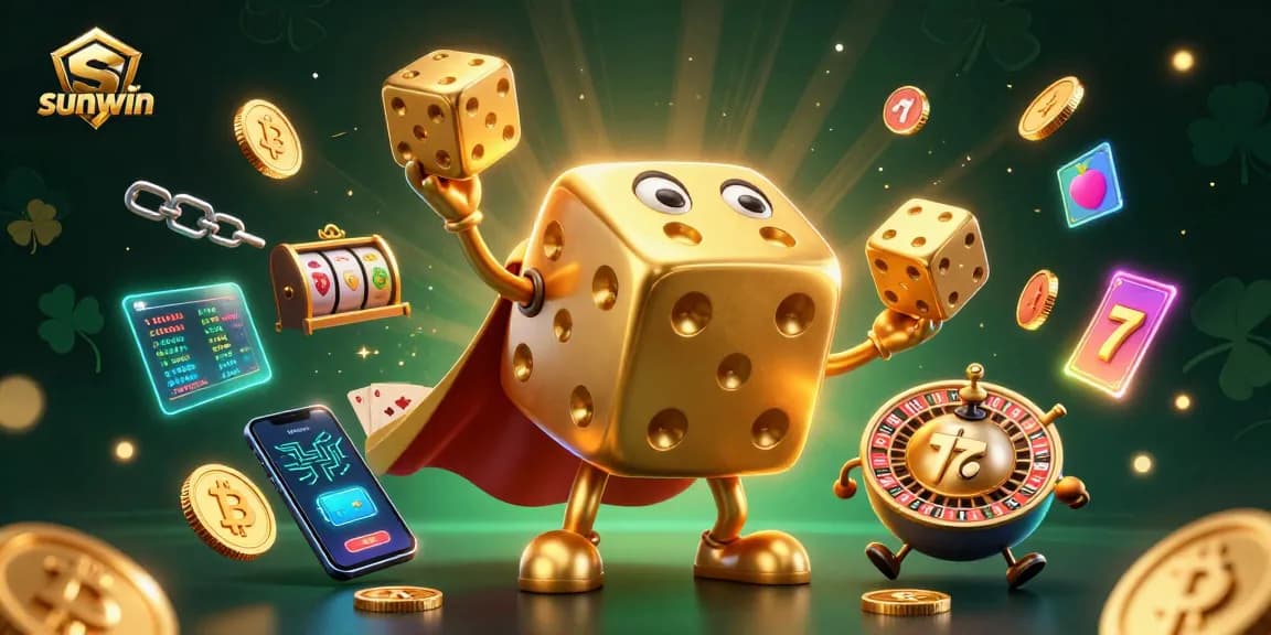 Experience exhilarating wins with sunwin's dynamic casino scene filled with golden dice and slot symbols.