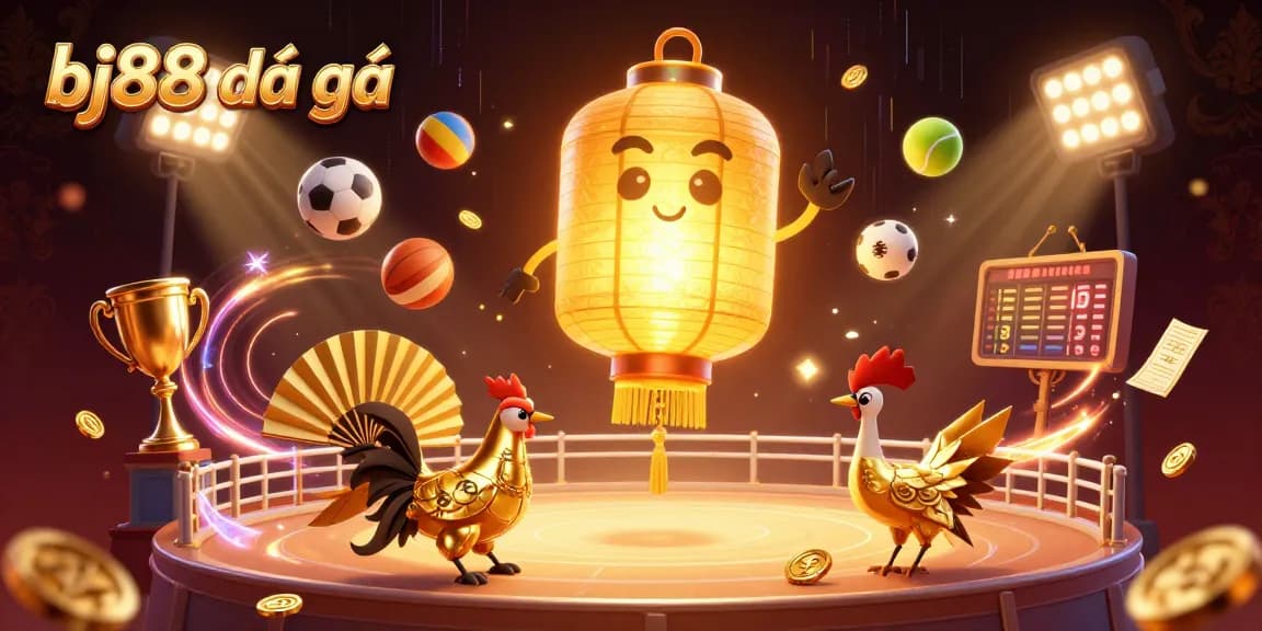 Place exciting bets at bj88 đá gà, featuring a dynamic cockfighting arena surrounded by sports elements.