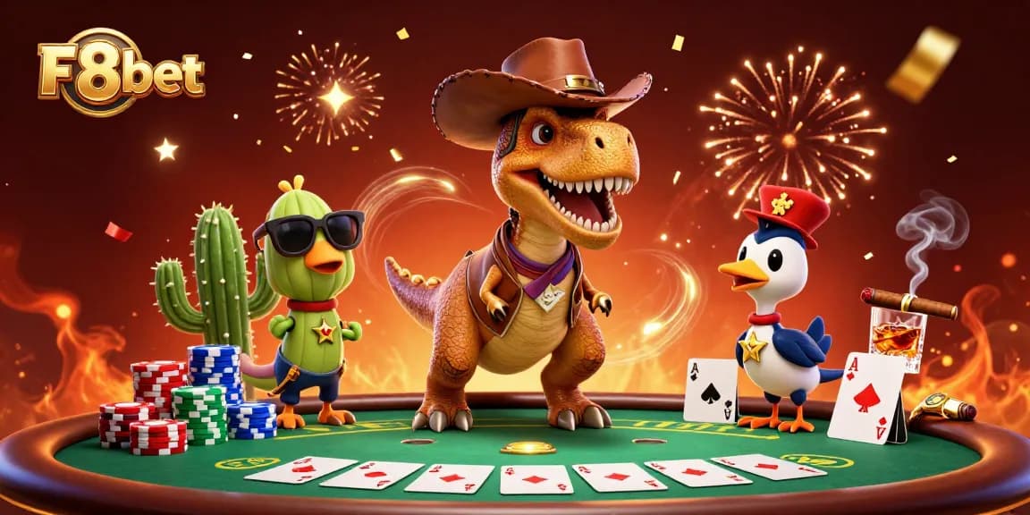 Experience the thrilling world of F8bet as a cartoon dinosaur and friends engage in poker.