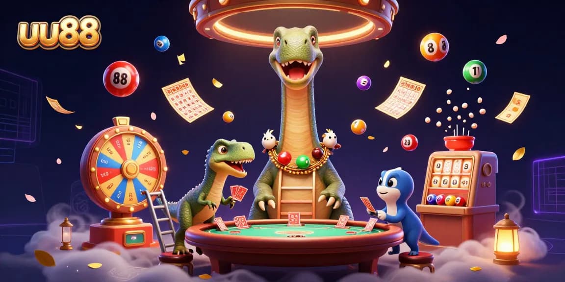uu88 brings thrilling excitement with a cartoon brontosaurus and clever raptor dealing cards in a vibrant casino.
