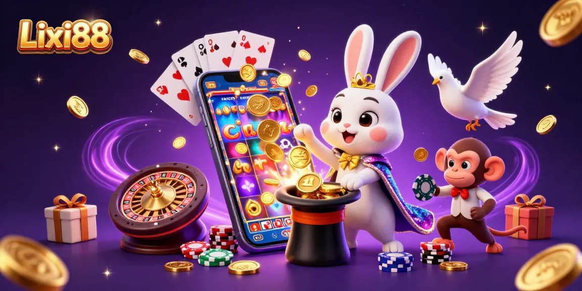 Lixi88 promotes excitement with a magician, assistant, and monkey amidst vibrant casino elements.