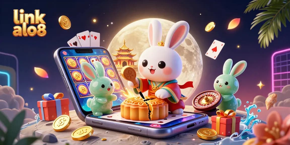 Join the excitement of link alo8 with this vibrant moon rabbit illustration featuring casino elements.