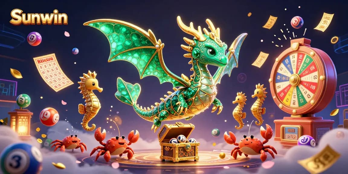 Engage with Sunwin’s colorful lottery game scene featuring a dragon and treasure, designed for maximum excitement.