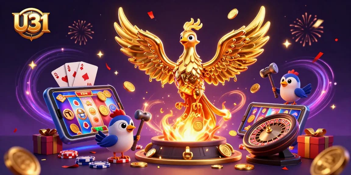 Win big with U31’s vibrant 3D casino illustration featuring golden phoenix and dynamic slot game elements.