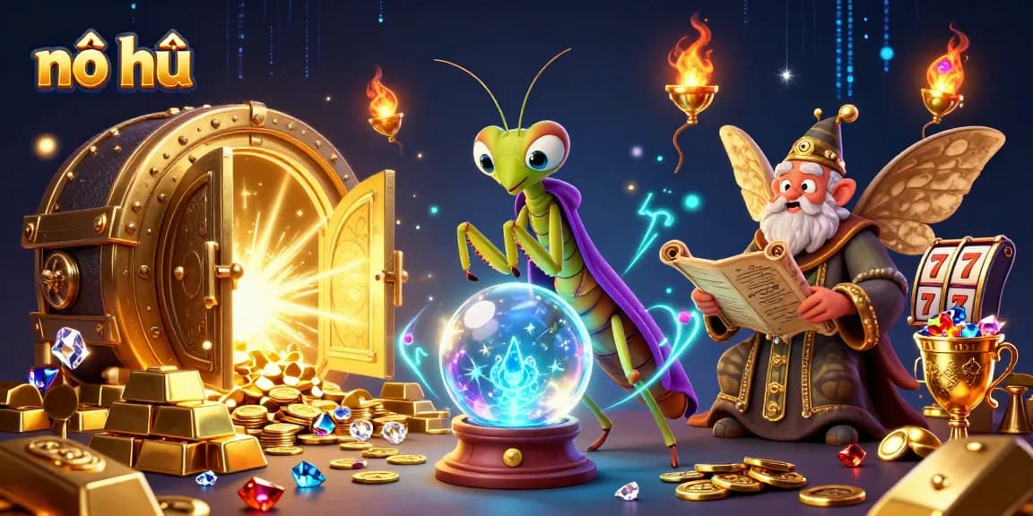 Spin to win big with nổ hũ, featuring playful characters and casino treasures in a vibrant scene.