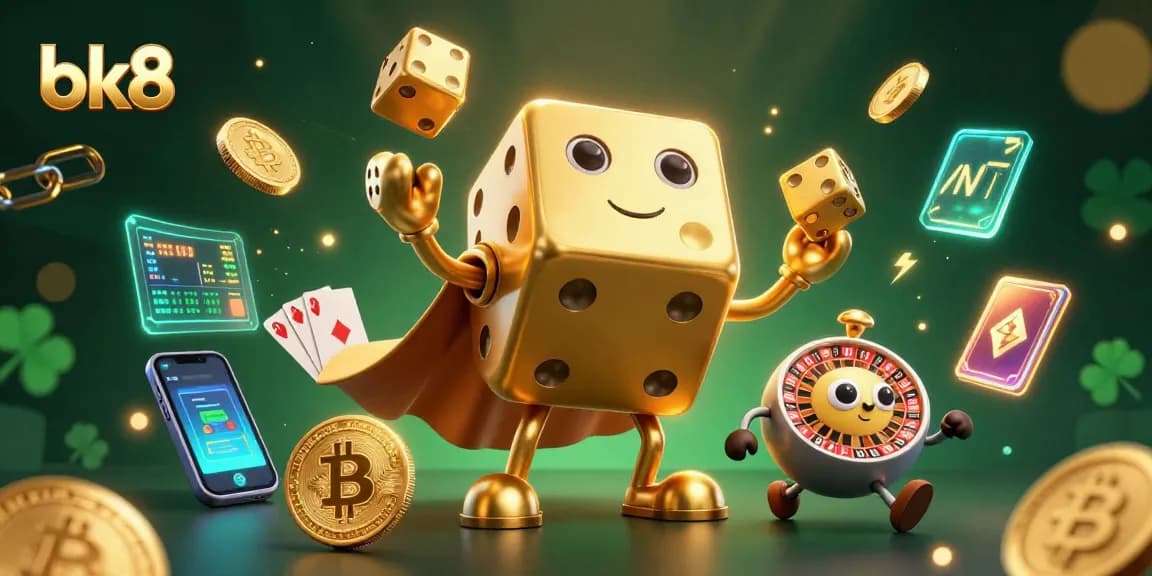 Engage with bk8's dynamic gambling experience through vibrant 3D elements and casino atmosphere.