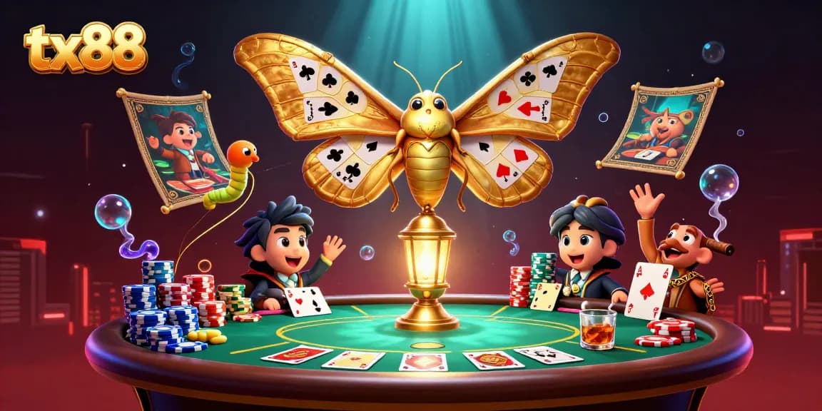 Engage with the tx88 casino atmosphere featuring vibrant poker elements and a stunning 3D moth design.