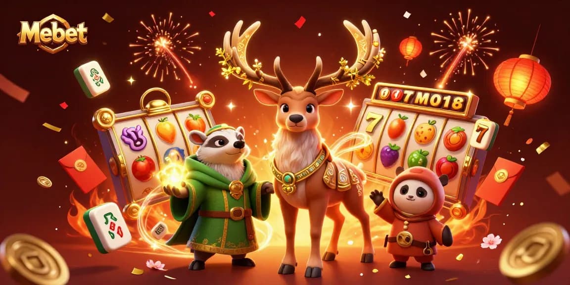 Mebet showcases a vibrant 3D casino scene with a Celtic druid, badger, and festive elements promoting fun.