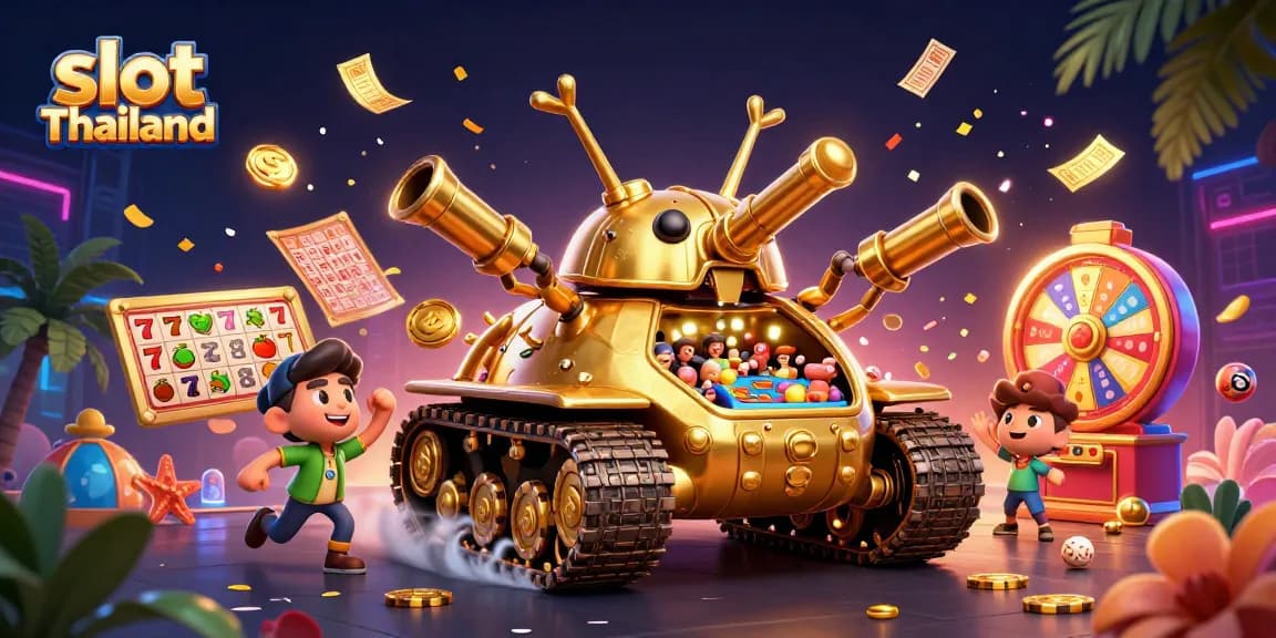Memainkan slot Thailand dengan meriah dalam ilustrasi kasino 3D yang penuh warna dan detail.