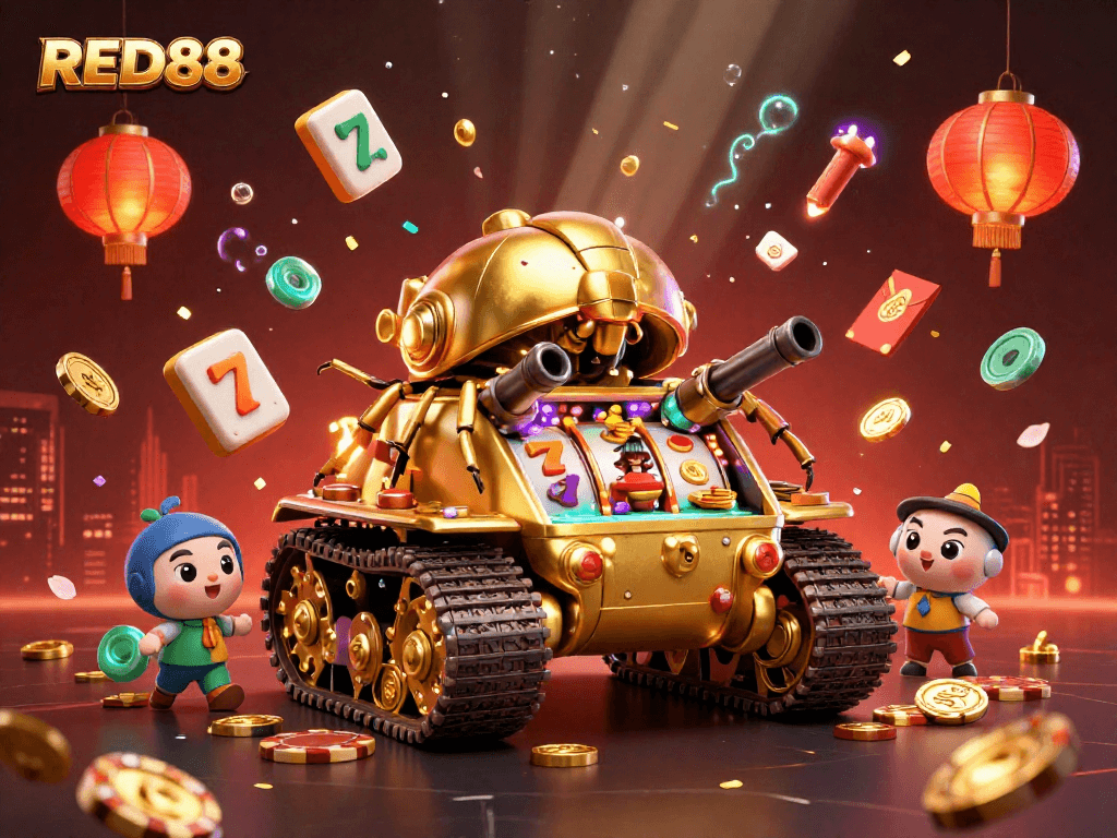Experience winning moments at RED88 with a vibrant 3D casino illustration showcasing dynamic gaming elements.