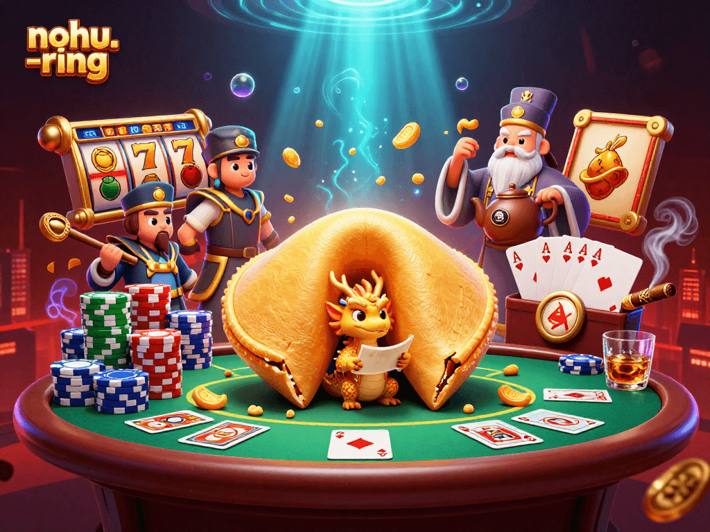 Engage with nohu-ring's exhilarating gameplay in this vibrant 3D casino scene featuring slot reels.