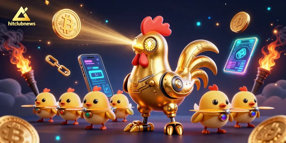 Engage with hitclubnews as a dynamic golden rooster robot lasers engrave while baby chicks flutter with digital crypto elements.