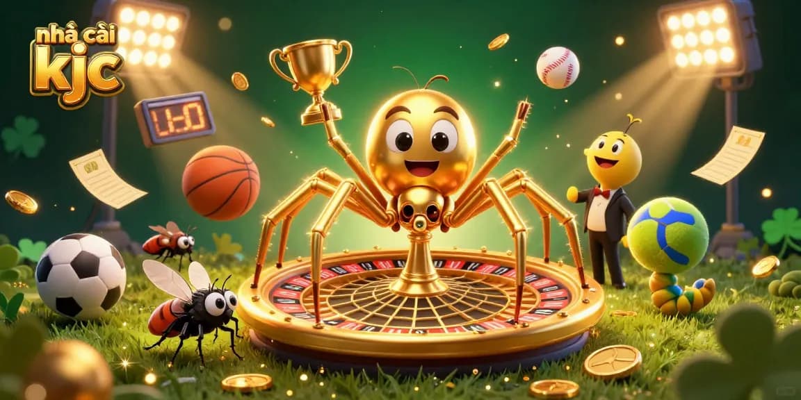 Engage with the dynamic sportsbook adventure at nhà cái kjc, featuring vibrant casino elements and a golden spider.