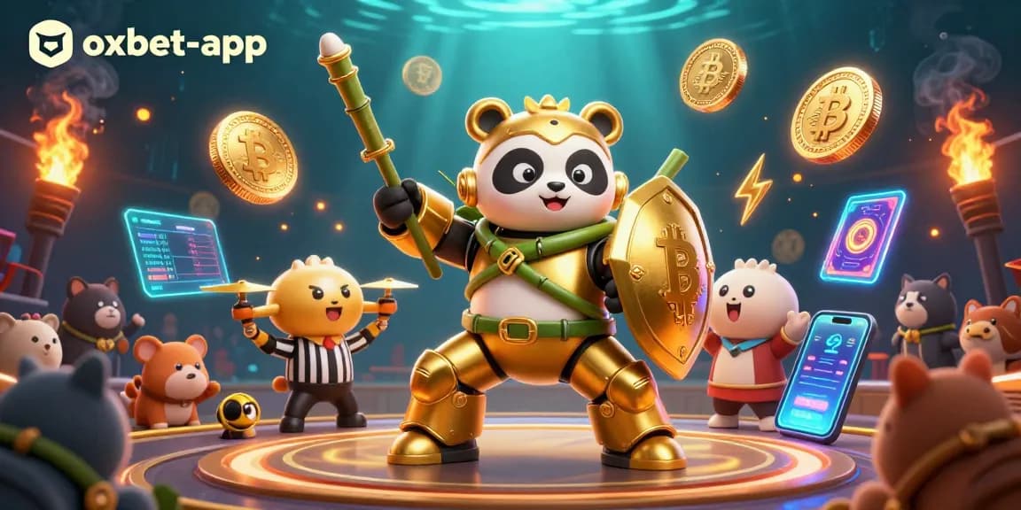 Engage with the exciting oxbet-app arena featuring a golden panda in a mech-suit with crypto coins