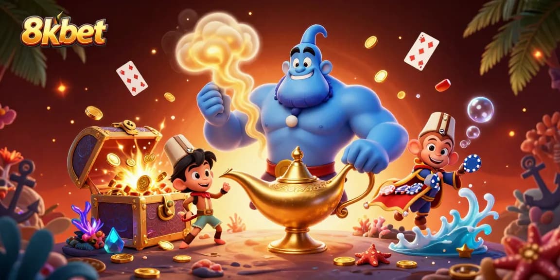 Engage with 8xbet's dynamic casino gameplay featuring a magical Genie and poker chips.