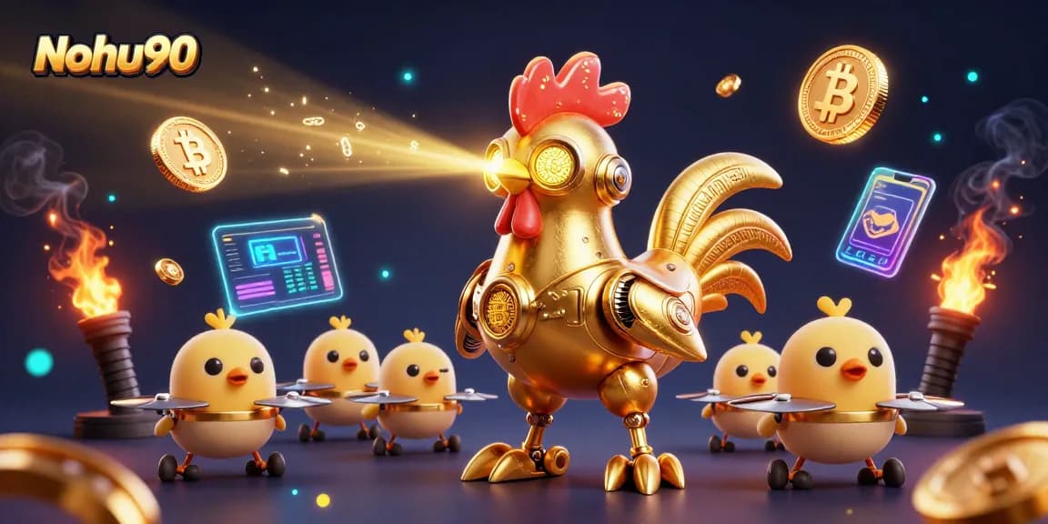 Nohu90 slots adventure with laser-shooting golden rooster robot and baby chick drones navigating crypto gaming.