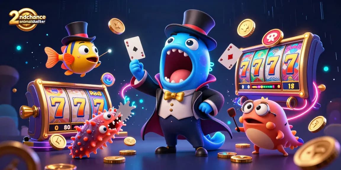 Engage in thrilling gaming with a stunning illustration of 2ndchanceanimalshelter featuring dynamic slot reels and playful sea creatures.