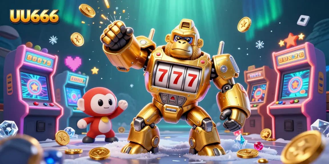 UU666 showcases a vibrant scene featuring a golden gorilla mech amidst exciting casino elements, engaging players in action.