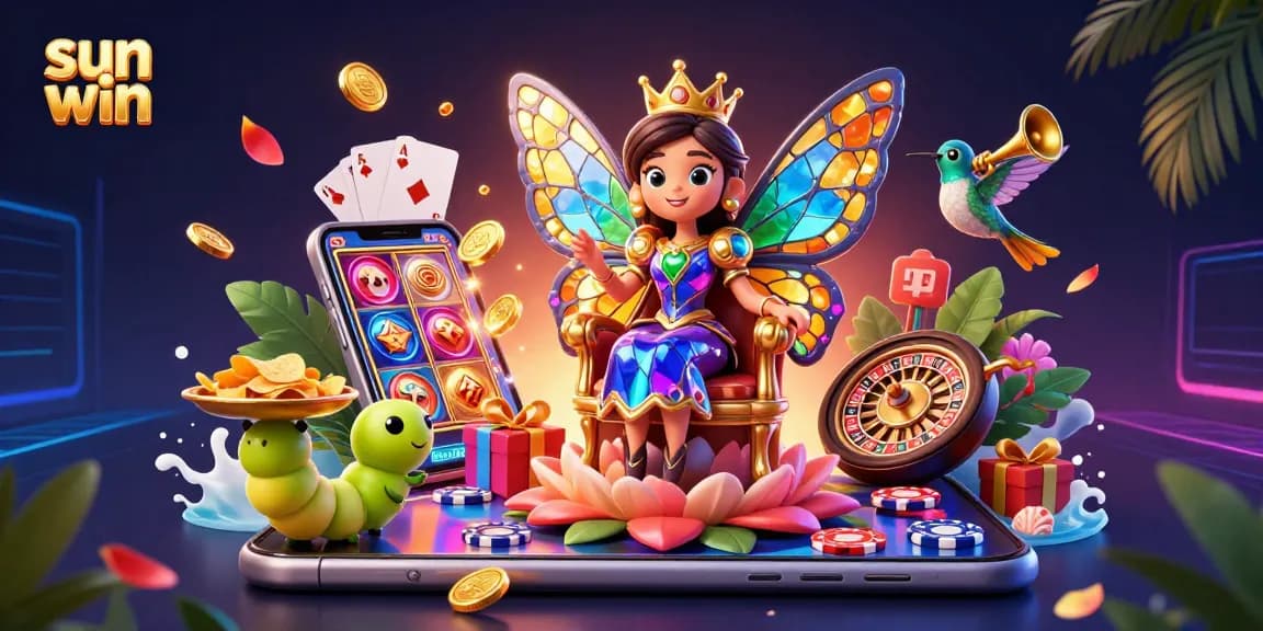Engage in thrilling gameplay with sun win, a vibrant 3D illustration showcasing casino excitement with butterflies and chips.