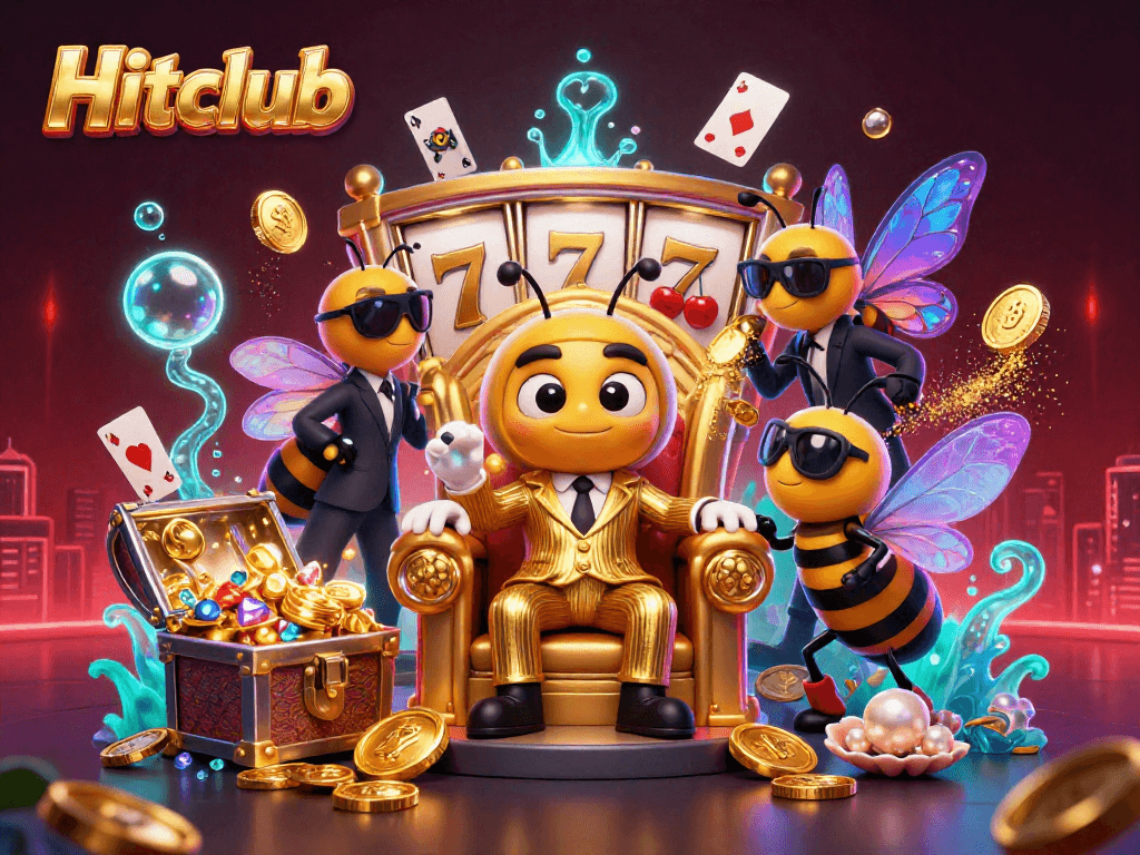 Engage with the Hitclub gaming scene featuring a cartoon bumblebee mob boss amidst slot reels and treasures