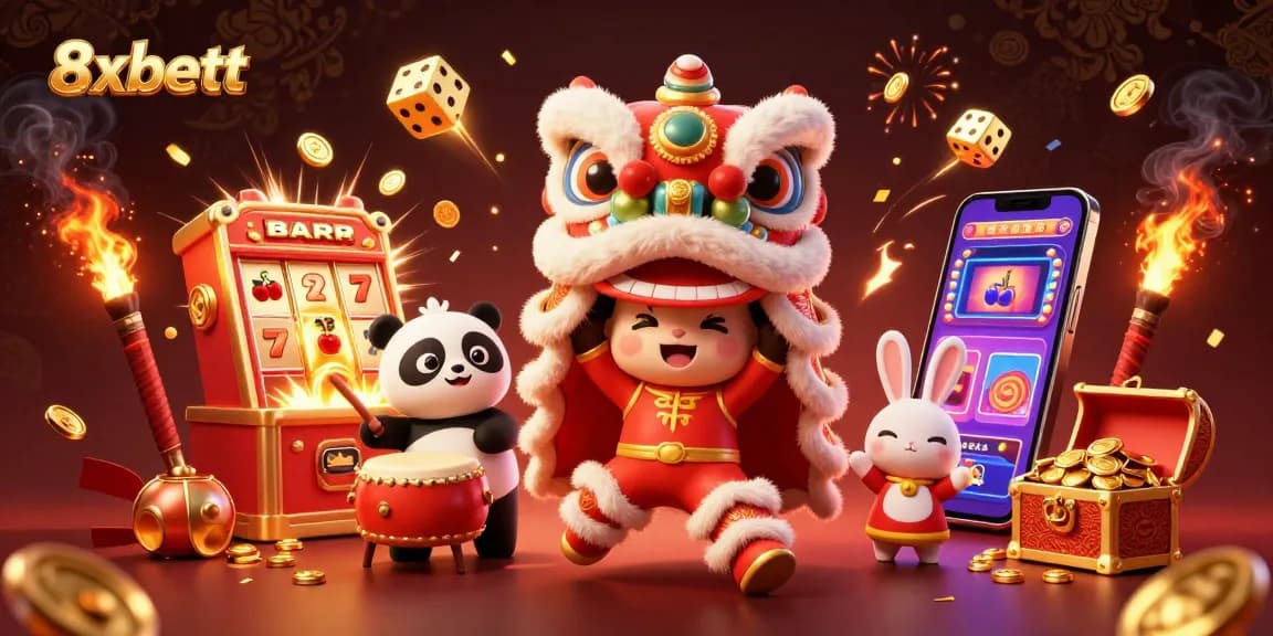 Winning at 8xbett with a festive 3D casino scene featuring vibrant characters and dynamic game elements.