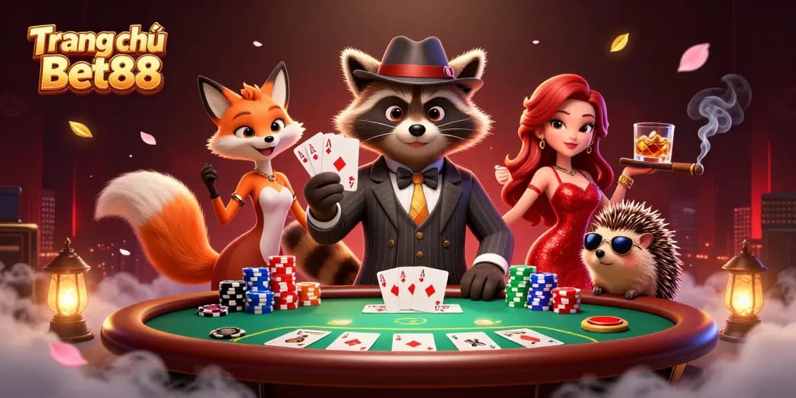 Experience the excitement of Trang chủ Bet88 with a charismatic raccoon and stylish fox in an engaging casino scene.