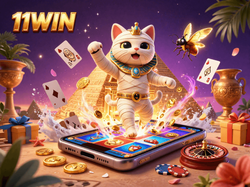 Experience vibrant gaming with 11WIN featuring a 3D Egyptian mummy cat in an engaging casino atmosphere.