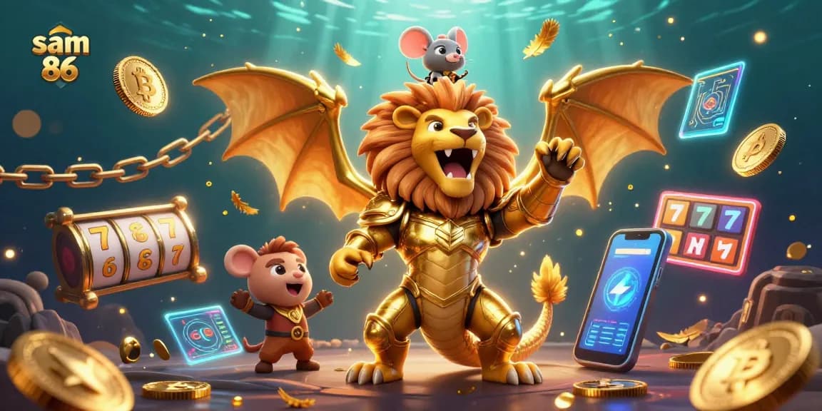 Experience thrilling wins at sam 86 with a dynamic casino scene featuring a triumphant chimera and digital assets.