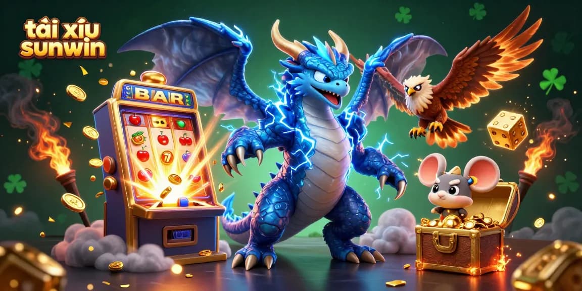 Experience the excitement of tài xỉu sunwin with a thrilling dragon, hawk, and vibrant casino elements bursting with energy.