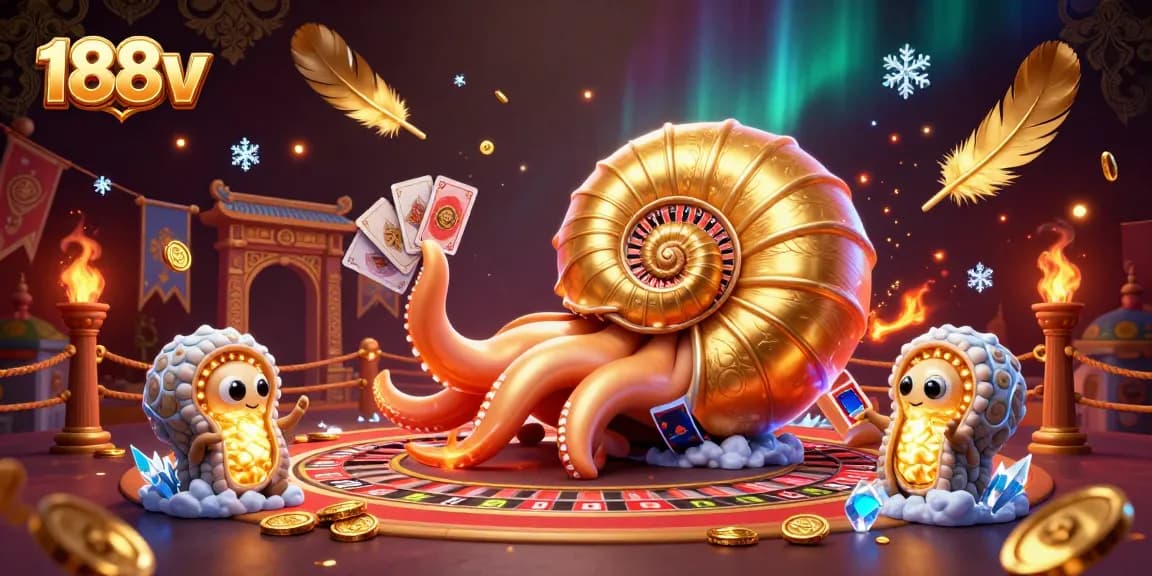 Experience the thrill at 188v with the giant nautilus as a roulette wheel surrounded by glowing companions and golden tokens.