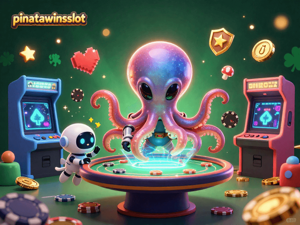 Win big with pinatawinsslot in a vibrant 3D gaming scene featuring alien characters.
