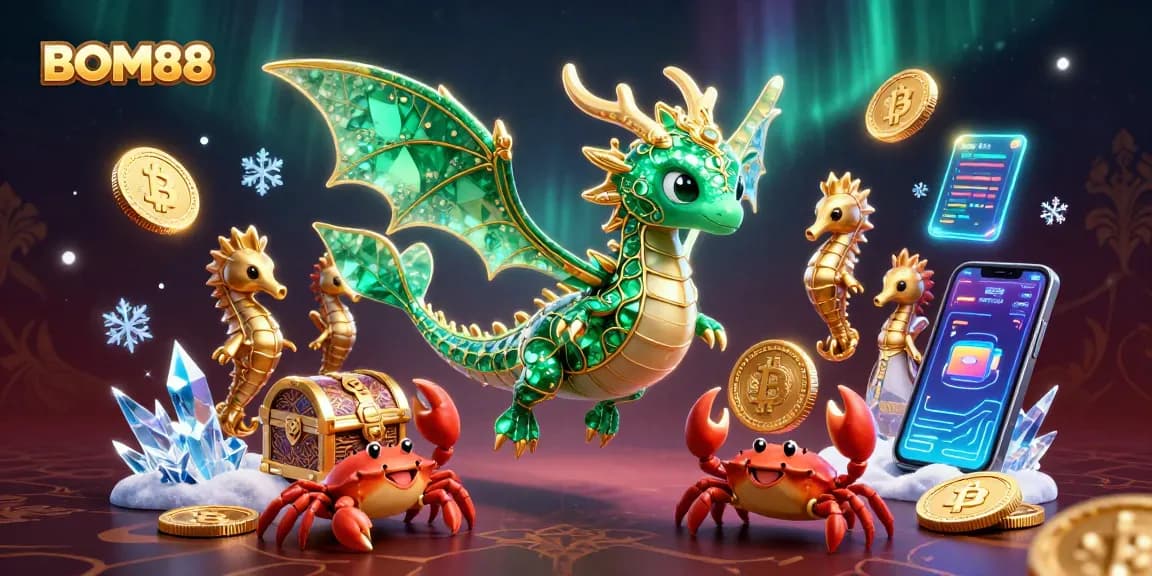 BOM88 offers engaging gameplay in a stunning casino-themed 3D scene featuring a royal seahorse and treasure