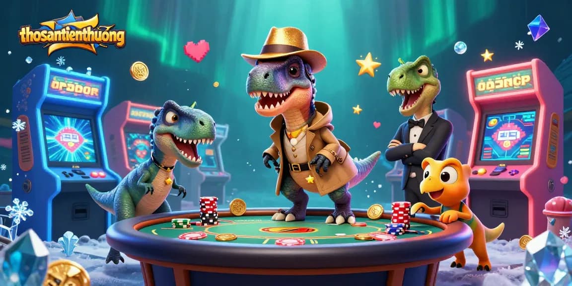 Experience thosantienthuong with a charming velociraptor at a blackjack table in this vibrant 3D casino scene.