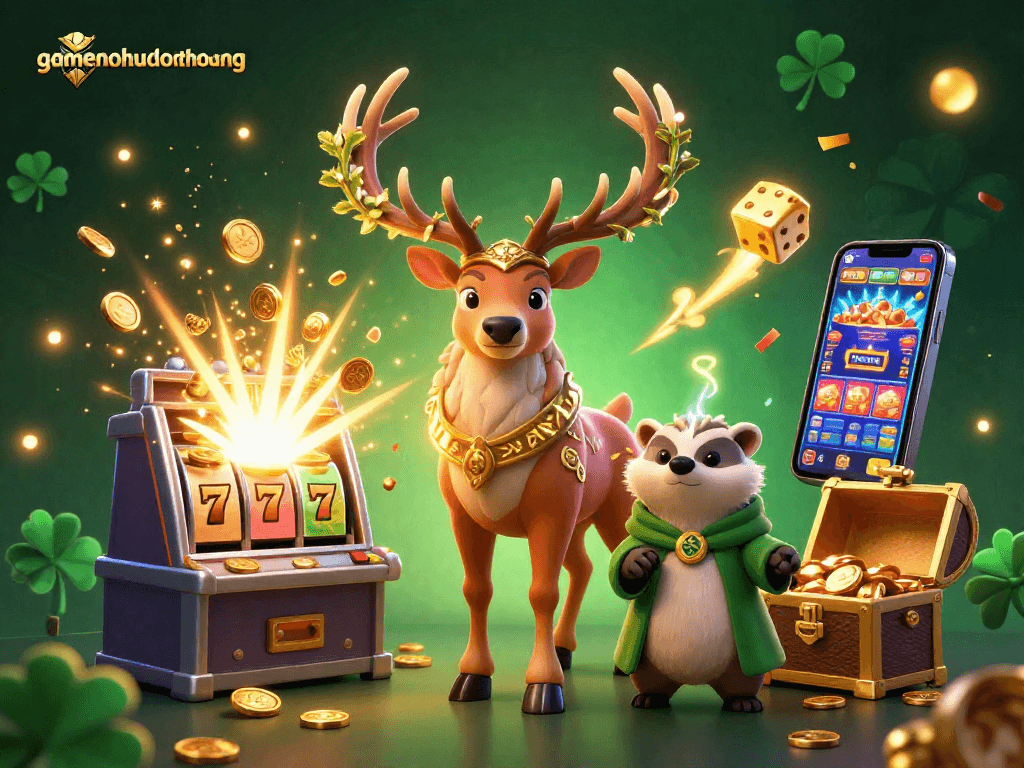 Experience jackpots with gamenohudoithuong featuring vibrant characters, slot machines, and winning spirit lights.