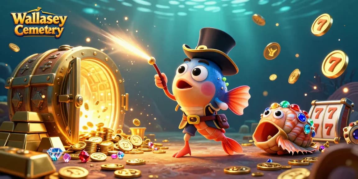 Witness Wallasey Cemetery's underwater adventure with treasure-hunting characters in a vibrant casino scene.