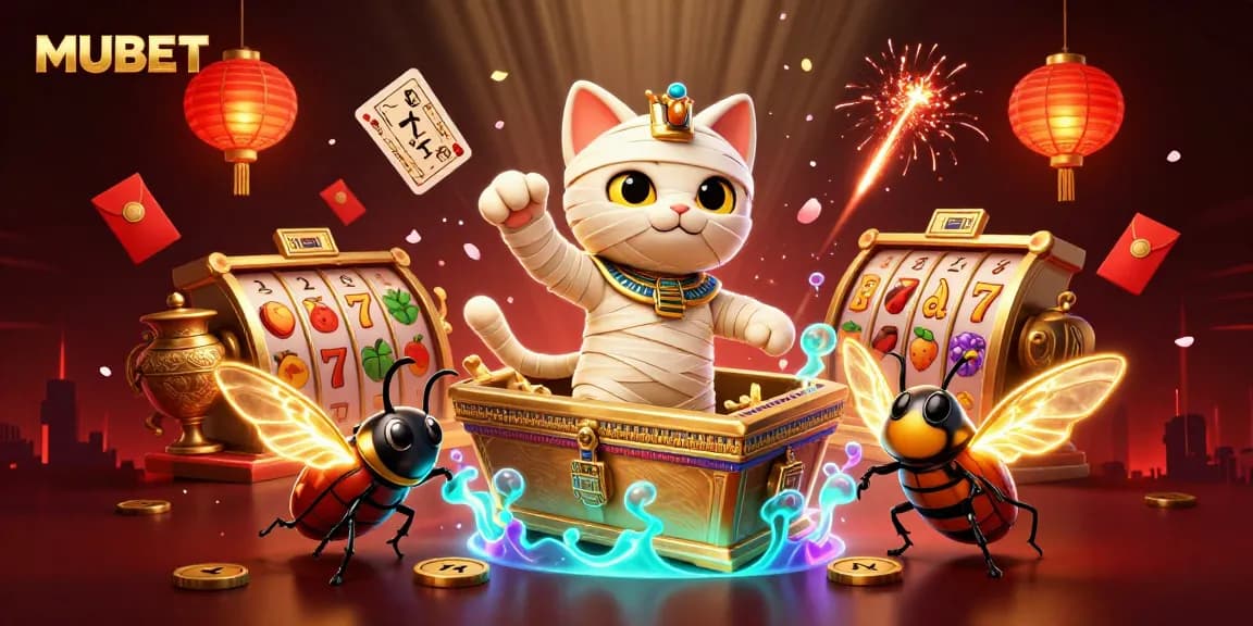 MUBET's vibrant 3D illustration showcases a mummy cat and a scarab in a lively casino setting.
