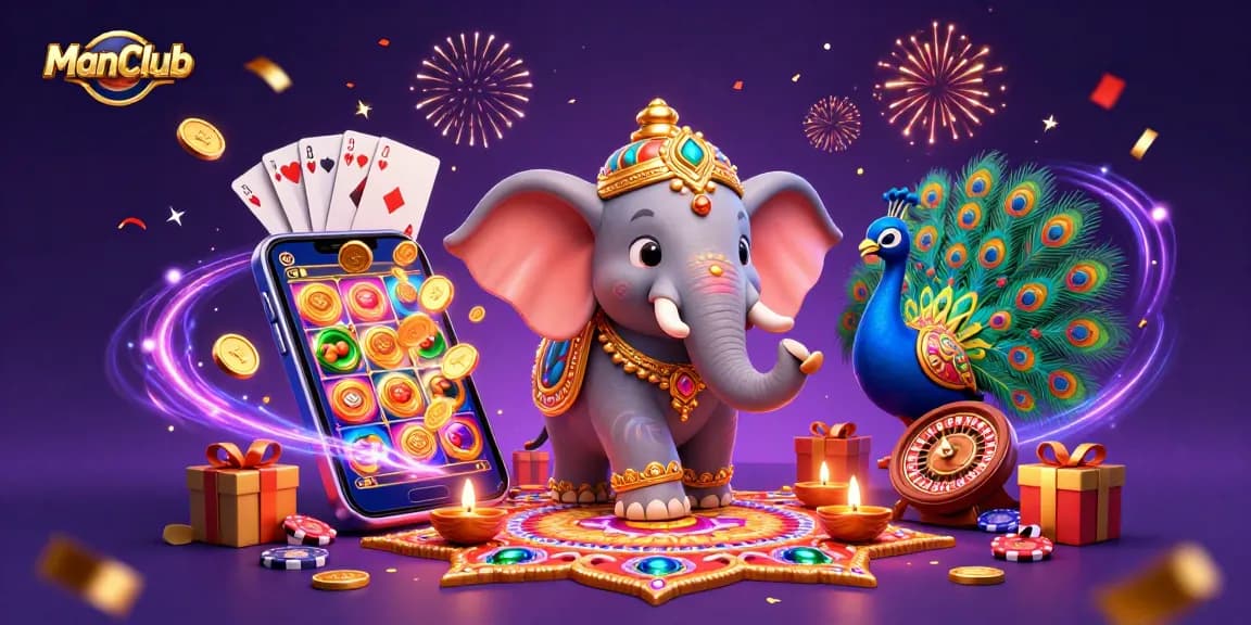 Experience thrilling games at ManClub with vibrant casino elements and celebratory visuals.