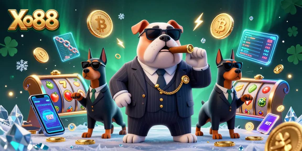 Xo88 showcases a captivating mafia-themed casino scene with cryptocurrency elements and slot symbols.