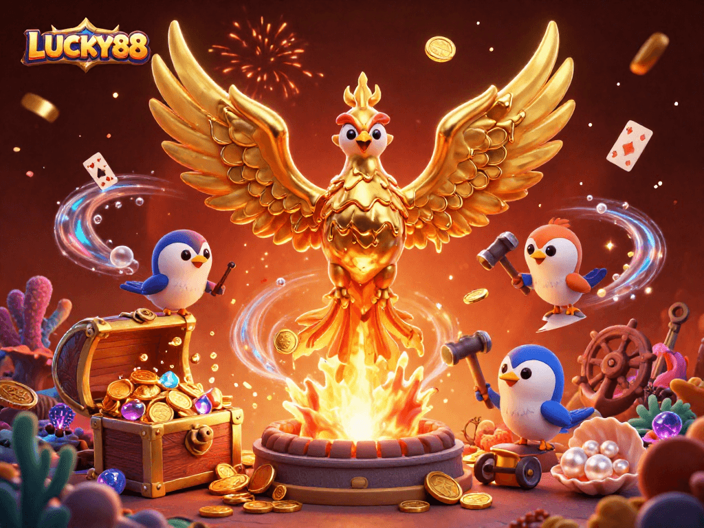 Experience winnings with LUCKY88 featuring a molten phoenix and vibrant casino elements.