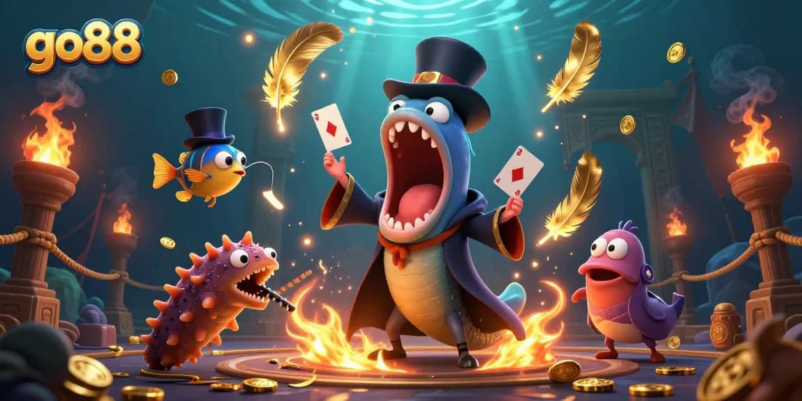 Experience the excitement of go88 with a 3D illustration featuring colorful sea creatures performing magic tricks in a vibrant casino setting.