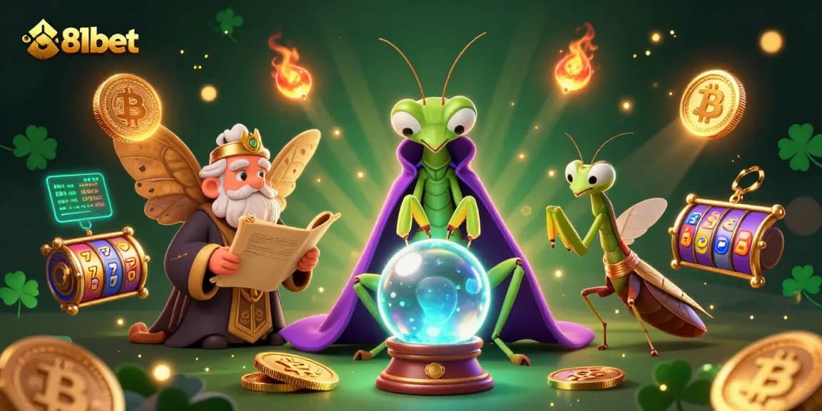 Experience the thrill of 81bet with vibrant 3D casino elements, featuring a mystical fortune teller, games, and crypto assets.